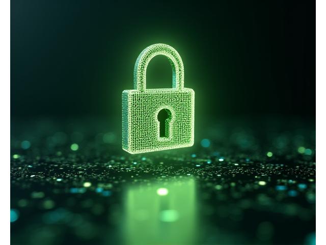 Glowing padlock icon superimposed on a digital network diagram, illustrating data encryption