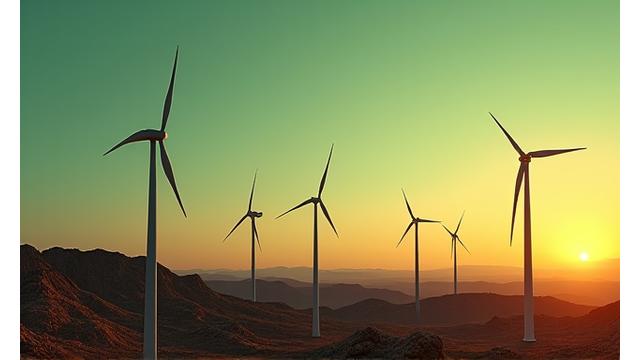 Several large wind turbines on a flat Arizona mesa at sunrise, illustrating challenging interconnection.