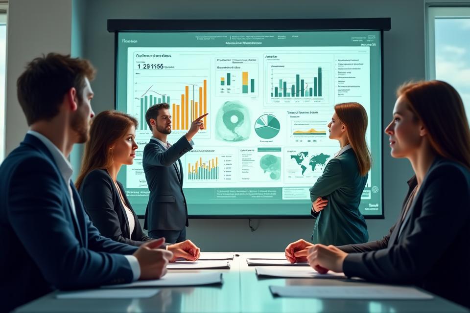 Professionals reviewing financial documents and graphs with renewable energy project schematics on a large screen in a modern office.