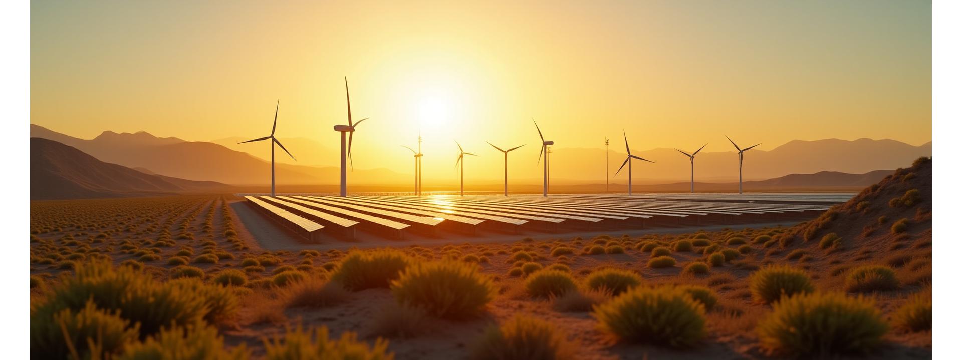 Expansive utility-scale solar farm under construction with wind turbines in the distance against a sunset, symbolizing comprehensive renewable project development.