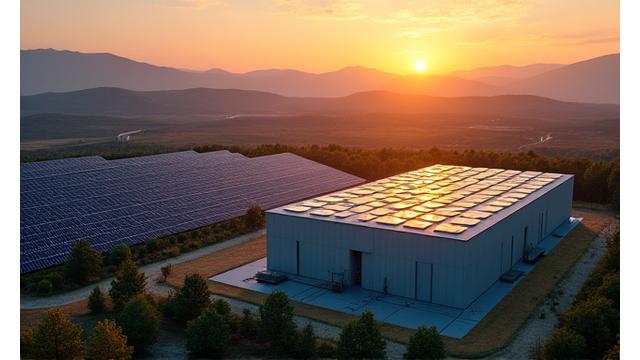 A hybrid renewable energy complex featuring a solar farm adjacent to a battery storage facility at dusk.