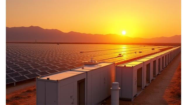 A large solar-plus-storage facility in the Nevada desert with sunset hues, showing battery containers alongside solar panels.