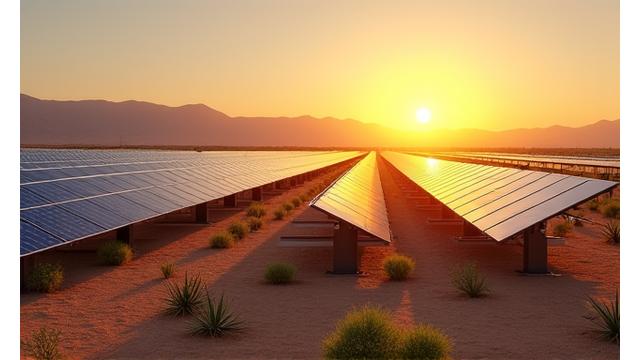 Rows of utility-scale solar panels tracking the sun in a vast desert landscape.