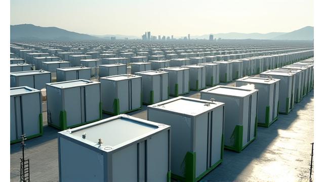 A large battery energy storage facility with rows of sleek, modern battery units surrounded by fencing.