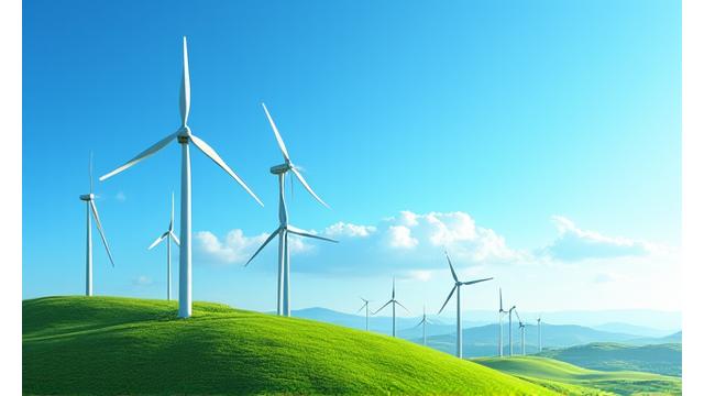 Modern wind turbines on a rolling green hill, their blades turning against a clear sky.