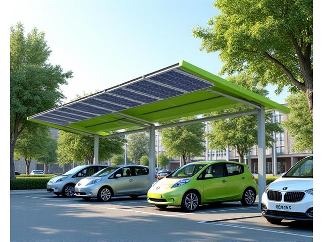 Solar canopy over a municipal parking lot with electric vehicle charging stations