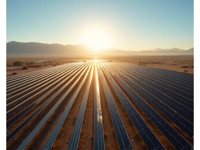 Large-scale solar farm in California desert, rows of SolsticeForge panels under clear sky