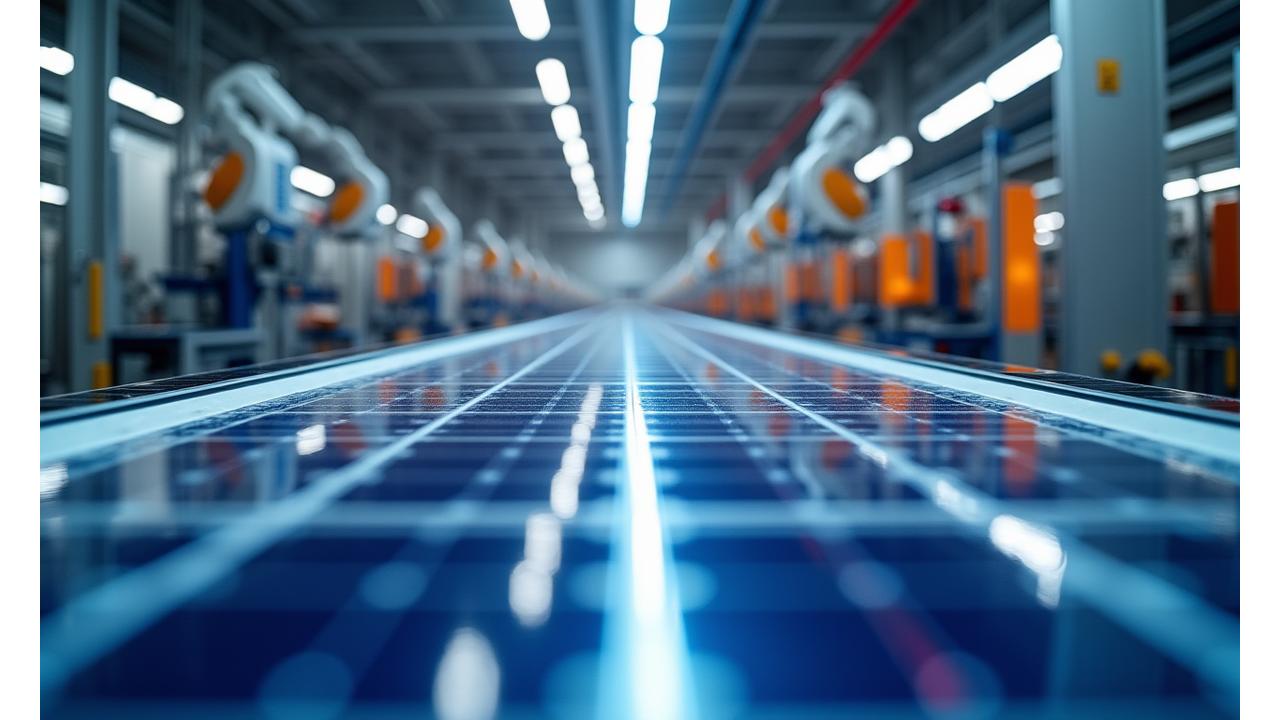 State-of-the-art solar panel manufacturing facility in Los Angeles with robotic arms and precision machinery
