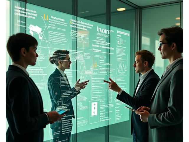 Professionals analyzing data on a large screen, representing strategic sustainability planning for utilities, municipalities, and enterprises