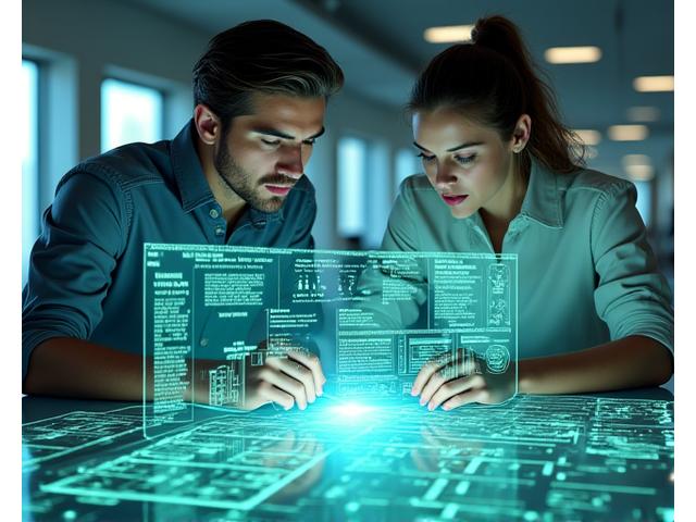 Professionals reviewing schematics and technical documents with a holographic projection of supply chain data, representing meticulous technology procurement