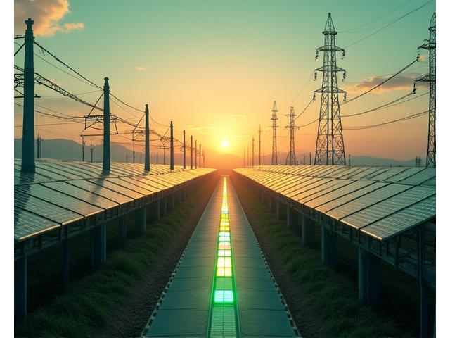 Interconnected smart grid infrastructure with solar panels and wind turbines, symbolizing energy resilience and risk mitigation