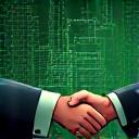 Graphic icon of a handshake over a circuit board or futuristic tech, symbolizing technology procurement and vendor selection