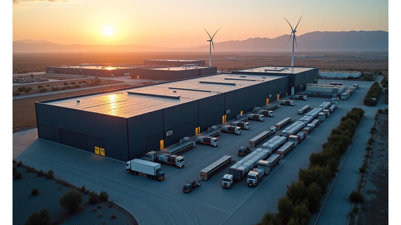 Aerial view of the expansive SolsticeForge manufacturing facility campus in Los Angeles, showing multiple large buildings, a loading dock, and efficient logistics operations.