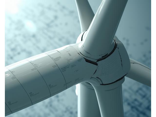 Detailed shot of a segment of a large composite wind turbine blade, showcasing its smooth aerodynamic surface and structural integrity, against a backdrop of engineered blueprints.