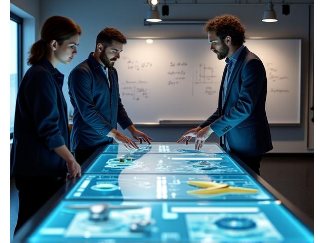 Engineers collaborating in a modern design lab, looking at 3D models of wind turbine components on large screens, highlighting the custom design and engineering process.