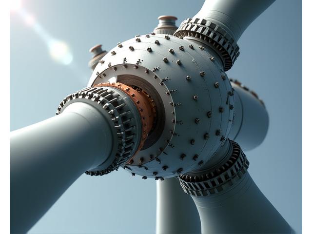 Close-up view of a robust wind turbine hub assembly, showing the precise mechanical connections for the blades and the central pitch control system.