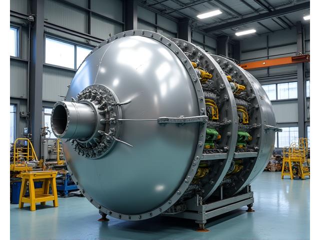 A large, precisely engineered nacelle housing for a wind turbine, showing intricate internal components like the gearbox and generator, within a clean assembly bay.