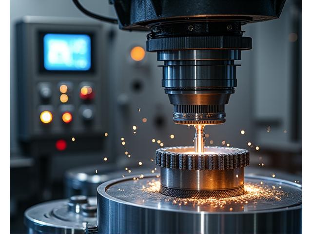 A highly precise CNC machine meticulously shaping a metallic component for a wind turbine, with sparks flying and digital readouts visible.