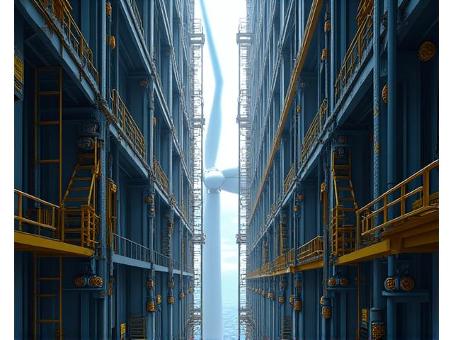 Inside a wind turbine tower, showing various structural components, access ladders, and electrical conduits neatly organized and secured, leading upwards to the nacelle.