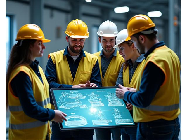 A diverse team of engineers in hard hats and safety vests discussing schematics and a 3D model of a wind turbine component on a tablet in a modern manufacturing setting.