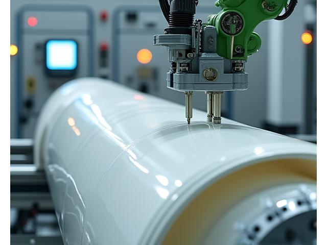 A large robotic arm precisely depositing composite material onto a wind turbine blade mold in a cleanroom environment, highlighting advanced manufacturing.