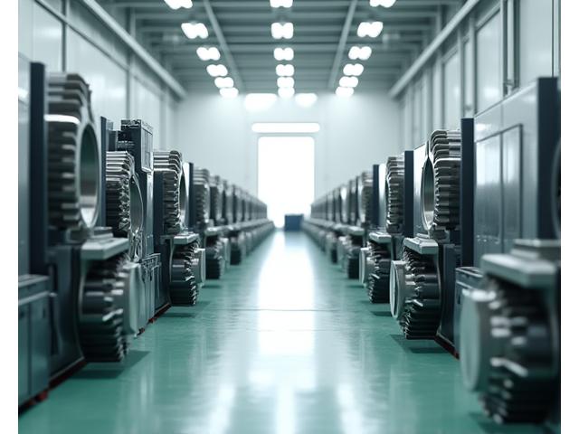Multiple CNC machines synchronously operating in a modern, automated factory, creating various metallic wind turbine components with high precision.