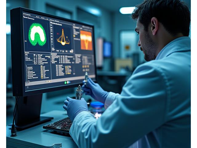 A technician using advanced laser scanning equipment to inspect the surface of a wind turbine component for defects in a brightly lit quality control laboratory.