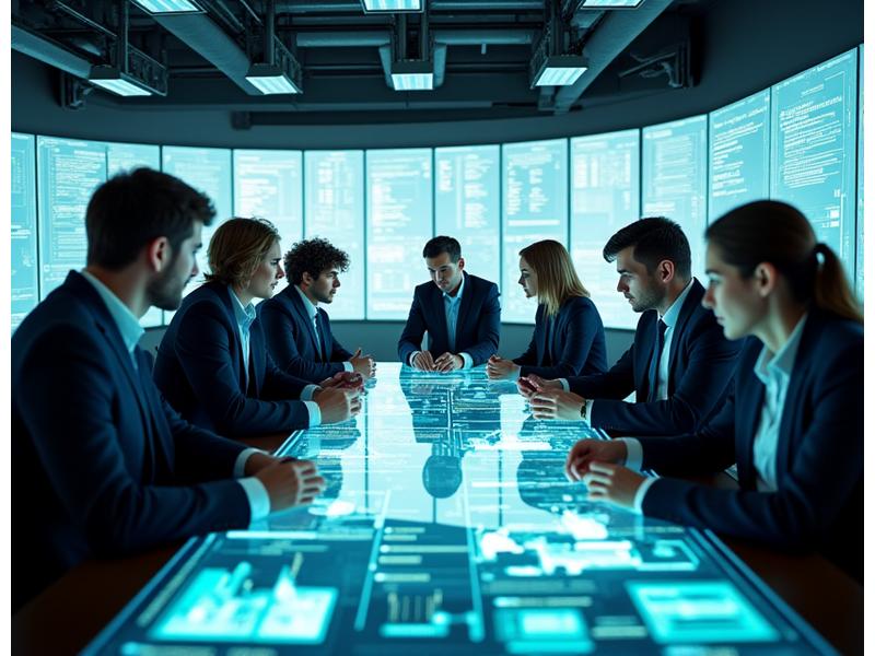 A diverse team of engineers and supply chain managers in modern office discuss blueprints and digital projections on transparent screens, symbolizing collaboration and efficiency.
