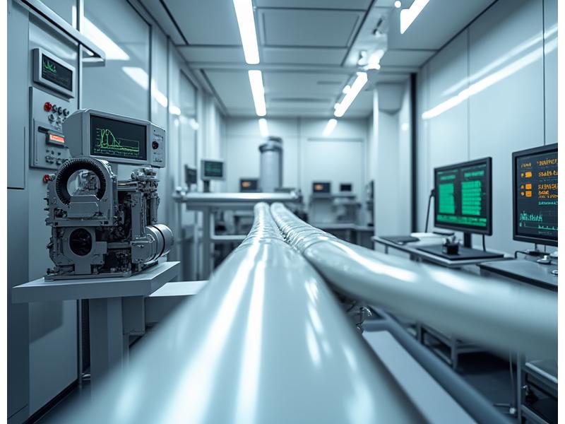 High-precision equipment in a pristine laboratory conducting fatigue testing on a wind turbine component, with data graphs displayed on nearby monitors.