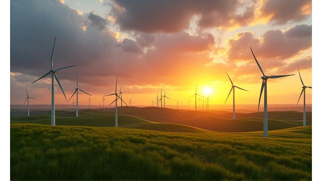 A vast wind farm in the American Midwest at sunset, with numerous large wind turbines actively spinning, symbolizing renewable energy generation.