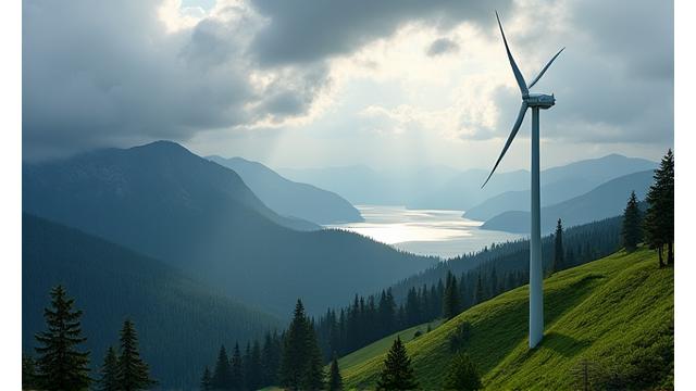 A single, majestic wind turbine standing prominently on a green hillside overlooking a forested landscape, under a dramatic sky in the Pacific Northwest.