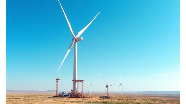 A newly constructed wind turbine being erected on a flat, expansive plain in Texas, with construction cranes nearby and a clear sky.